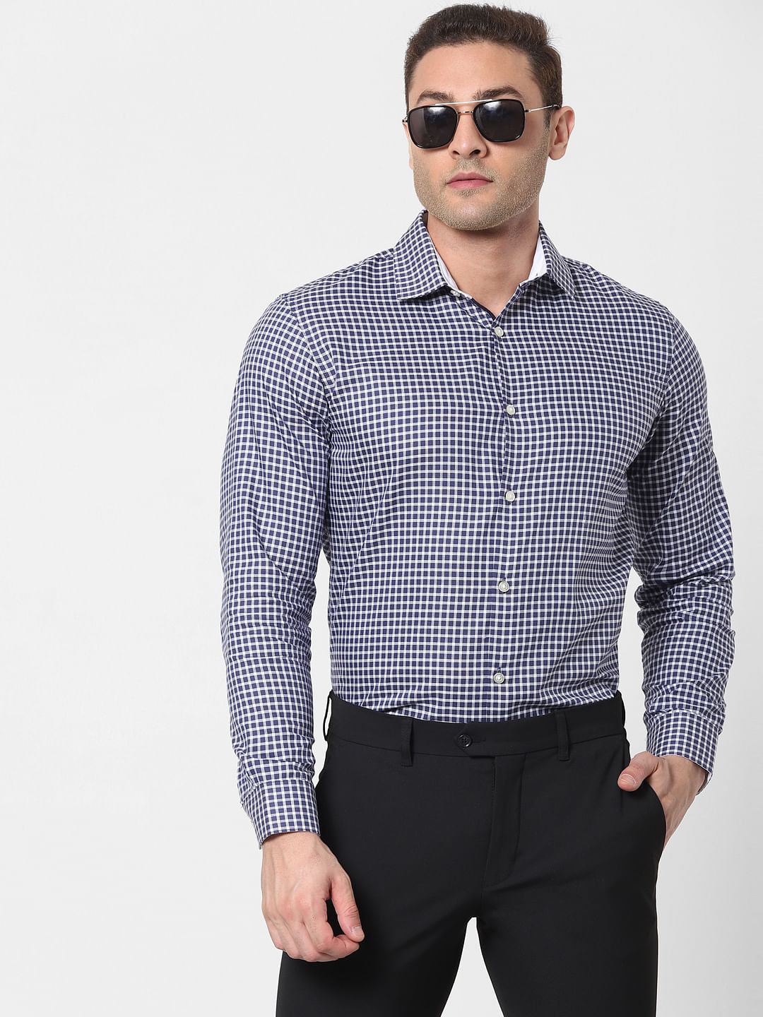 Navy Blue Check Full Sleeves Shirt