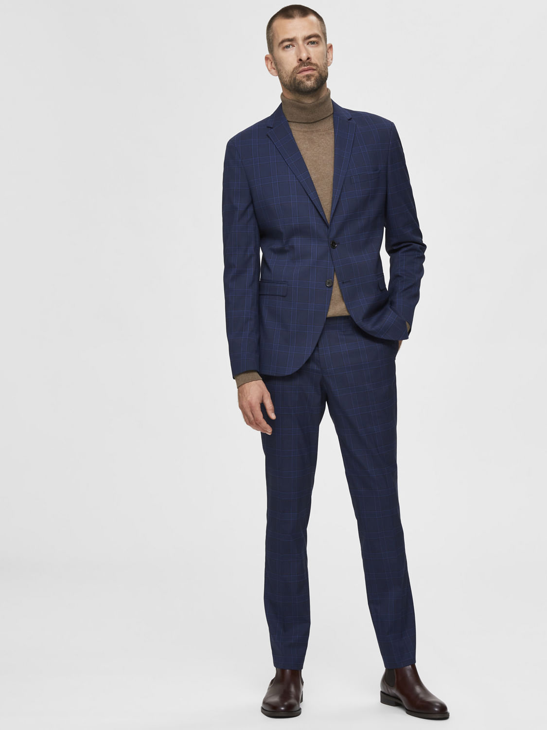 Blue Check Slim Fit Suit Trousers