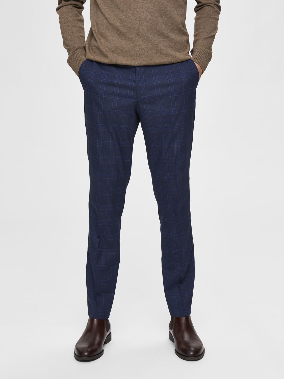 Blue Check Slim Fit Suit Trousers
