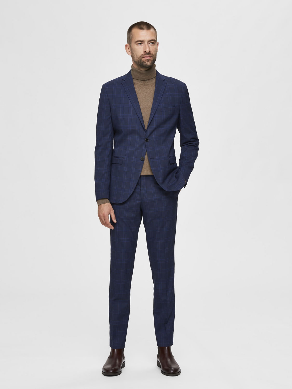 Blue Check Slim Fit Suit Trousers
