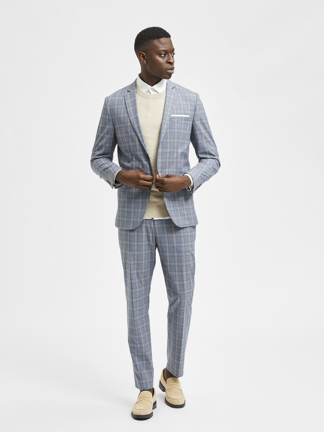 Light Blue Checks Slim Fit Suit Blazer