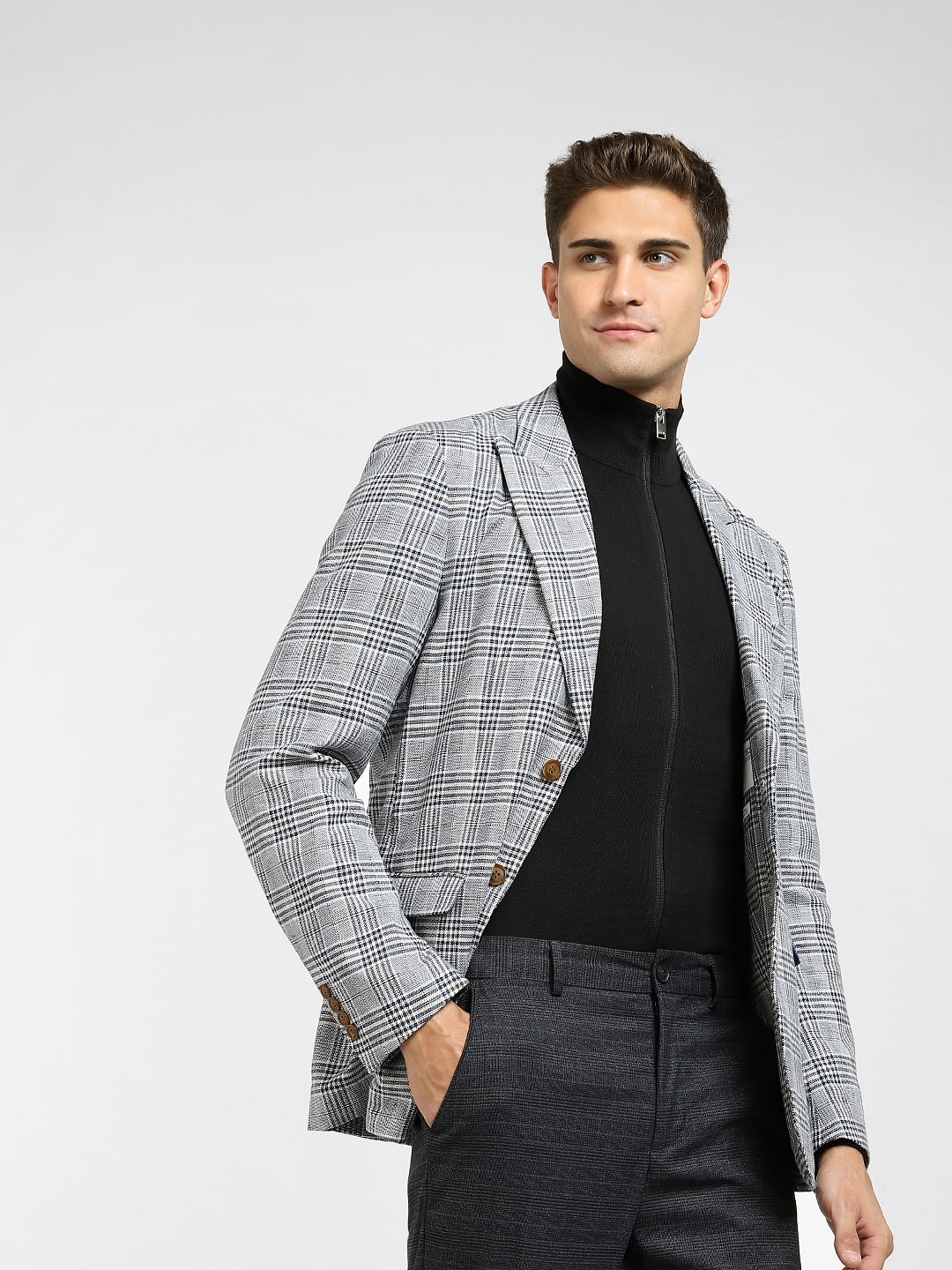 Dark Blue Check Print Linen Blazer