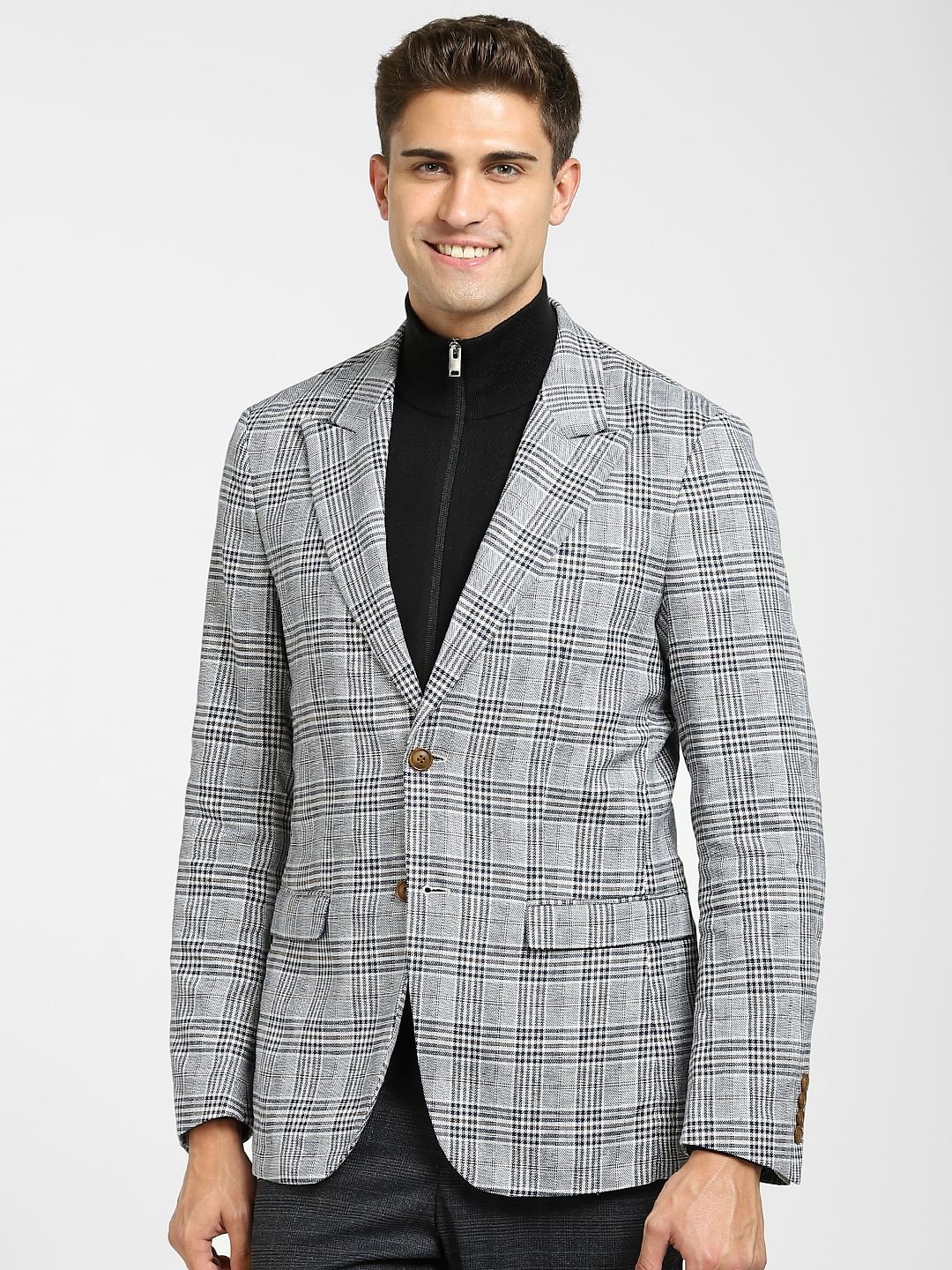 Dark Blue Check Print Linen Blazer