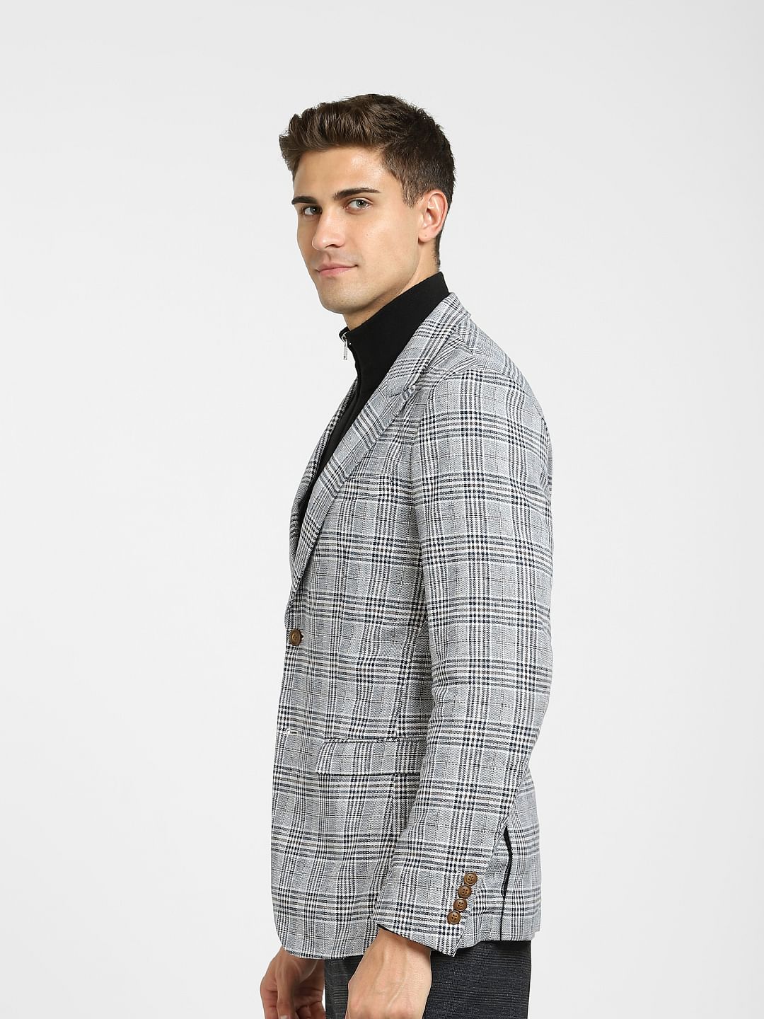 Dark Blue Check Print Linen Blazer