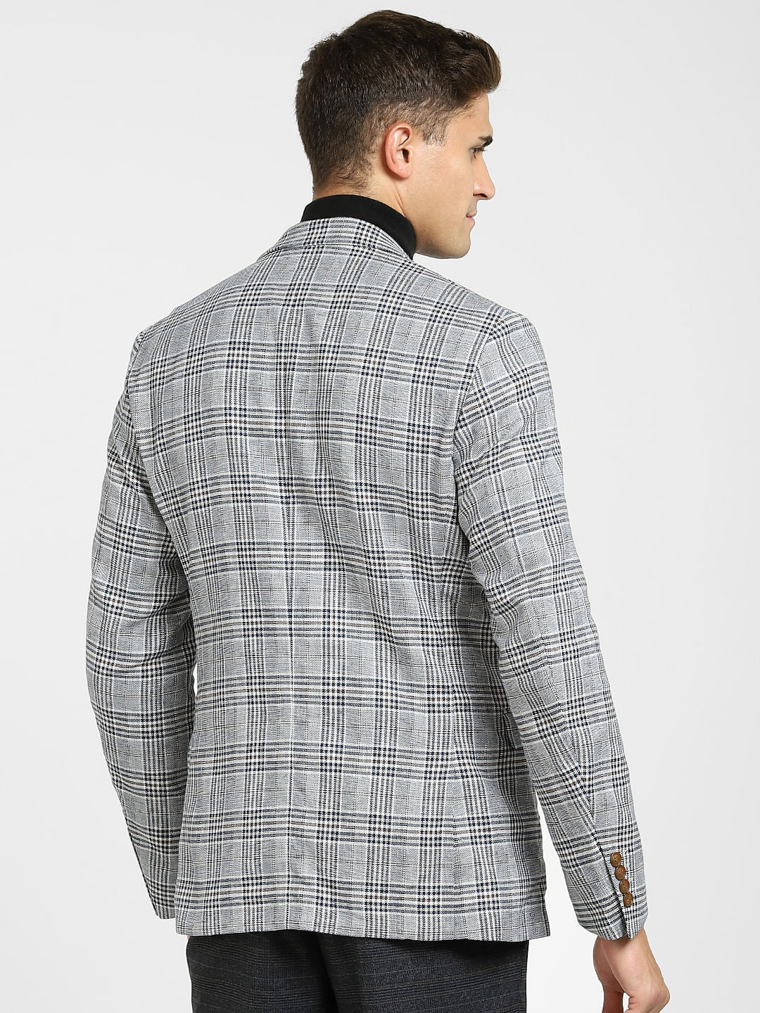 Dark Blue Check Print Linen Blazer