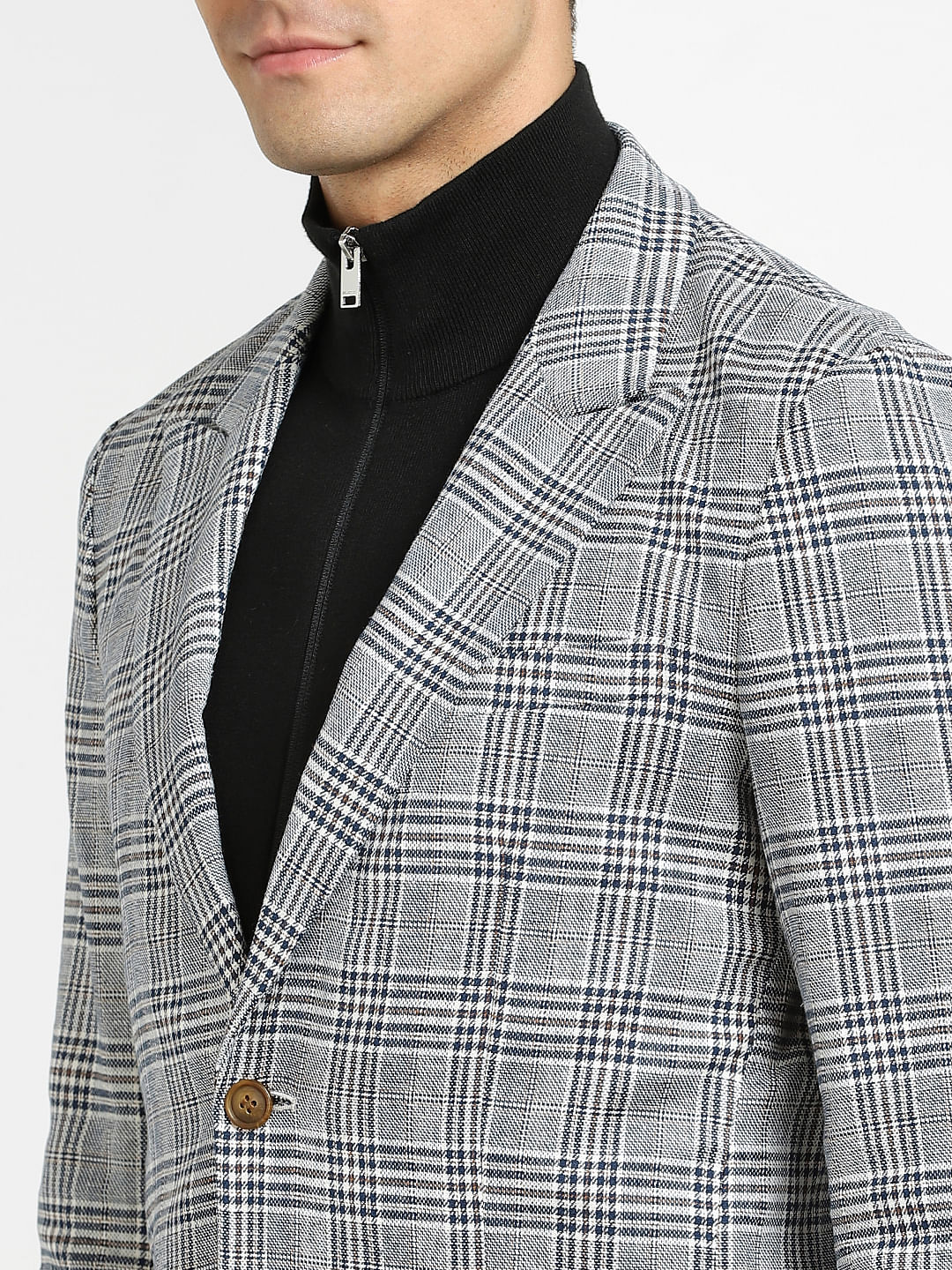 Dark Blue Check Print Linen Blazer