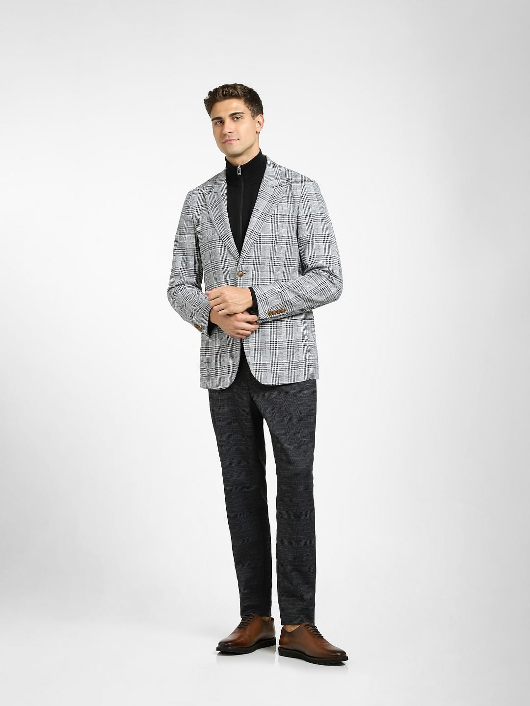 Dark Blue Check Print Linen Blazer