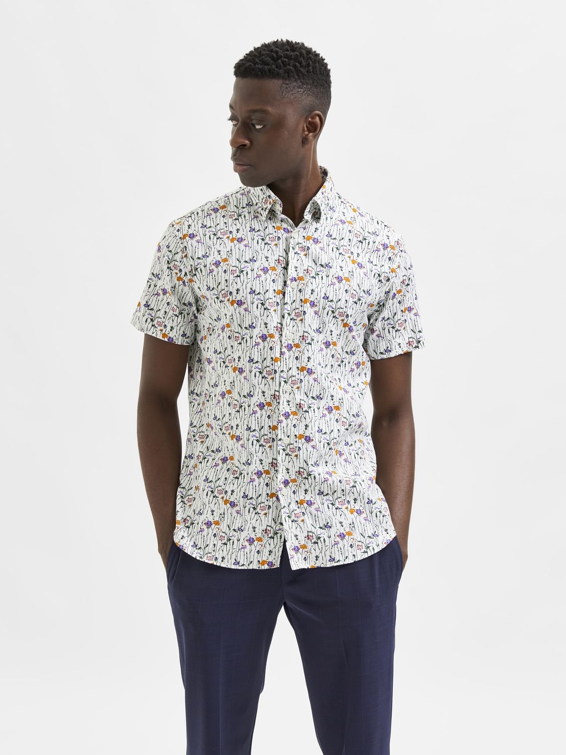 White Floral Organic Cotton Half Sleeves Shirt