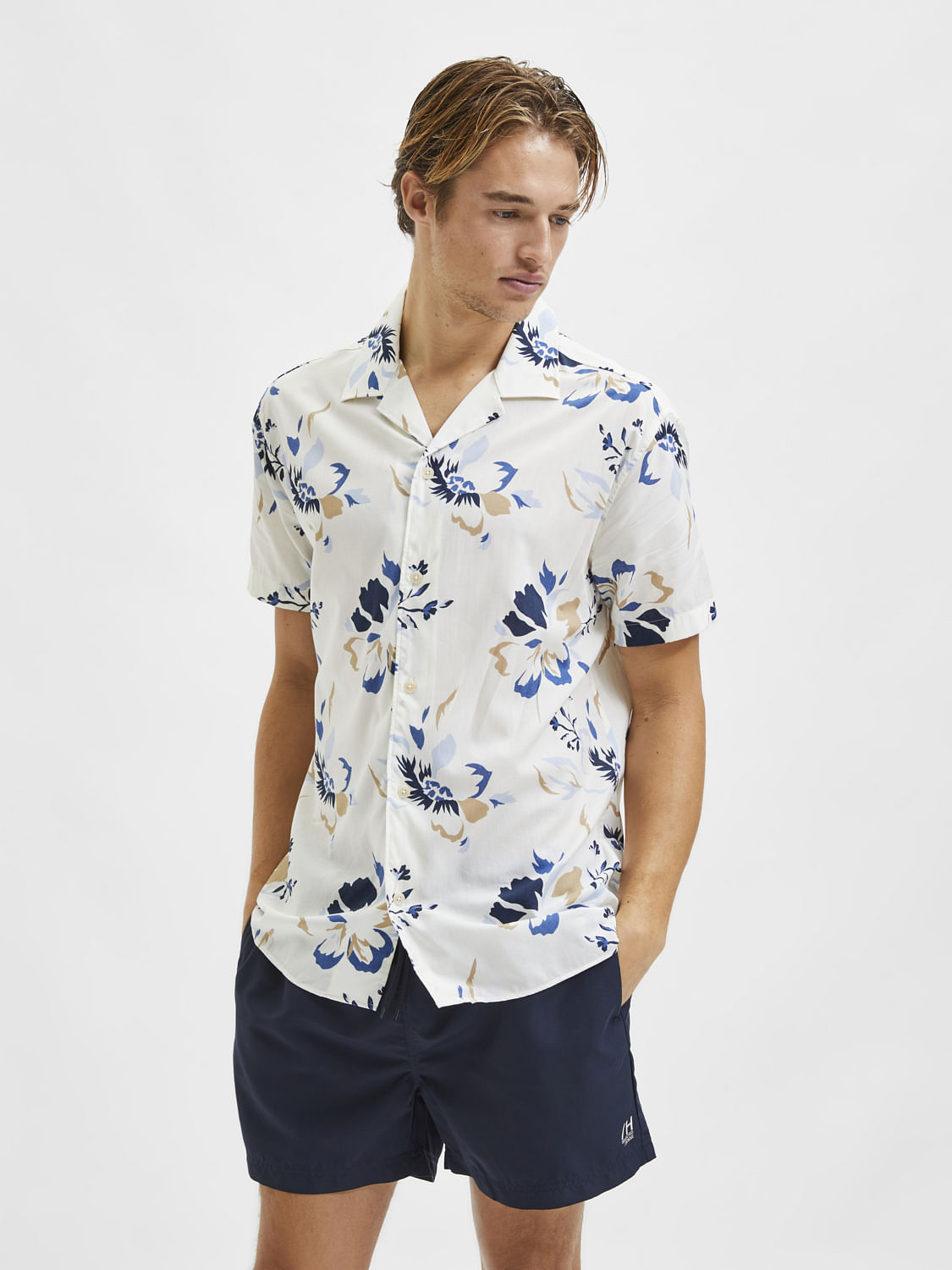 White Floral Cuban Collar Short Sleeves Shirt