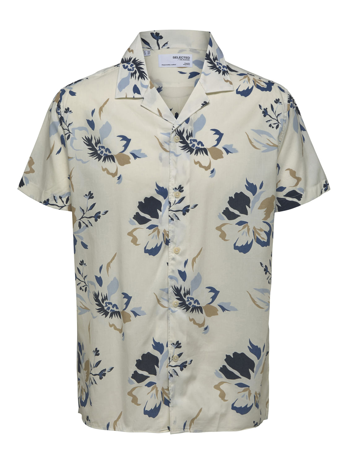 White Floral Cuban Collar Short Sleeves Shirt