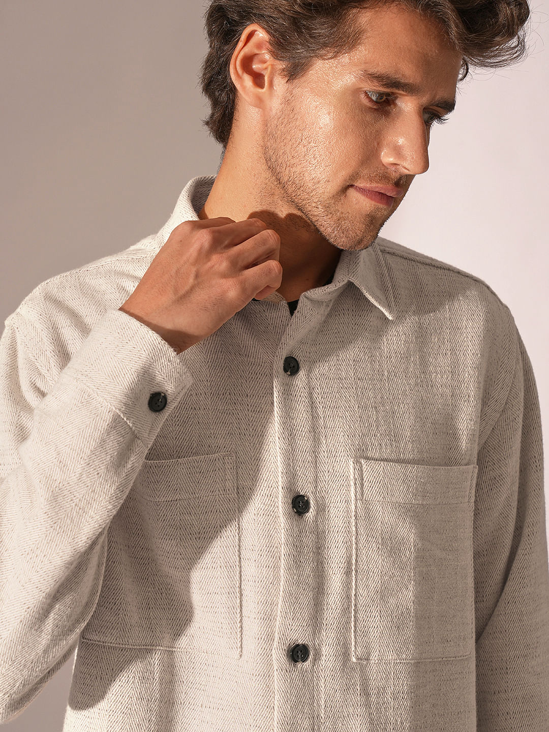 Beige Herringbone Overshirt