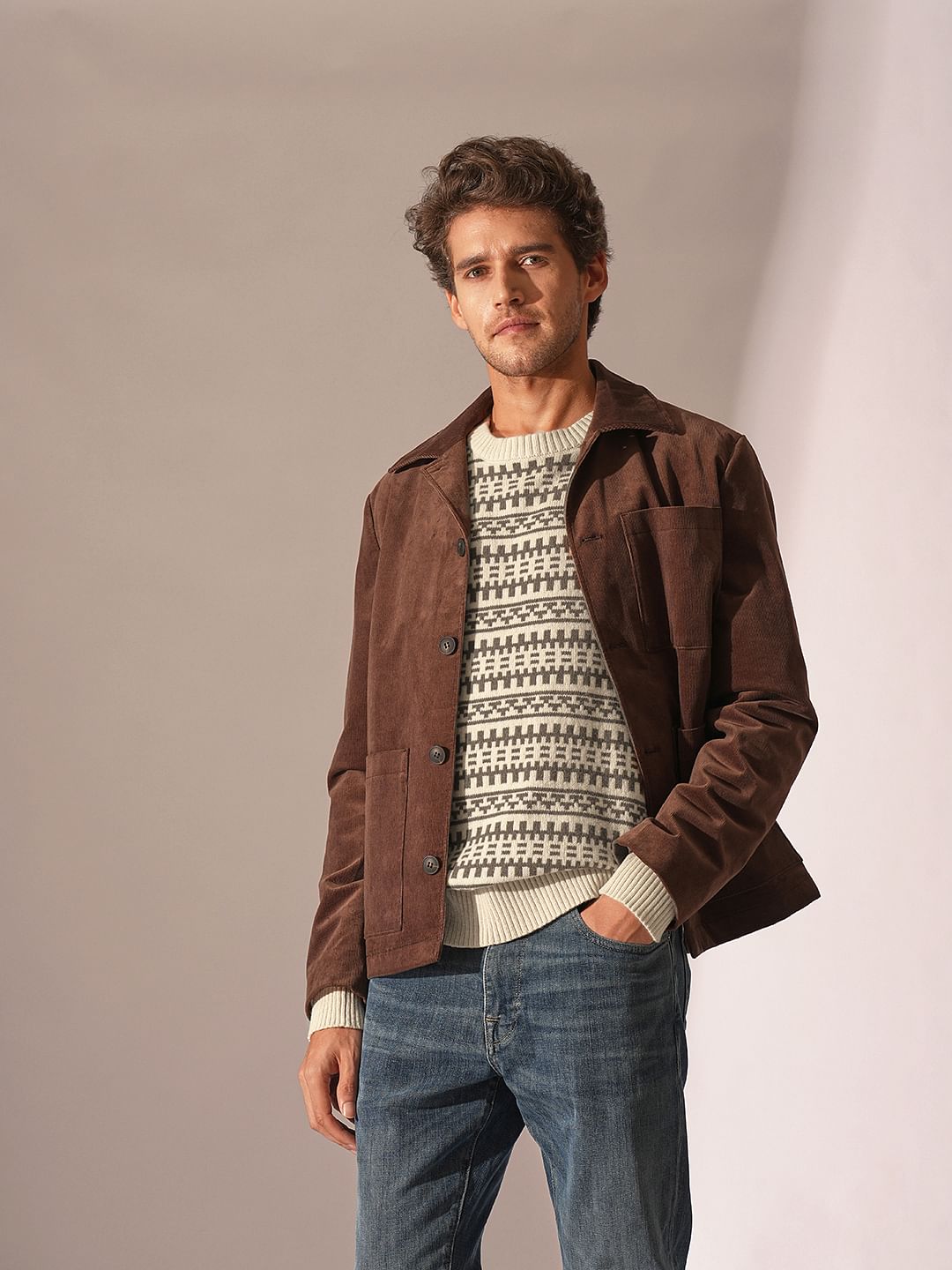 Beige Printed Knitted Pullover