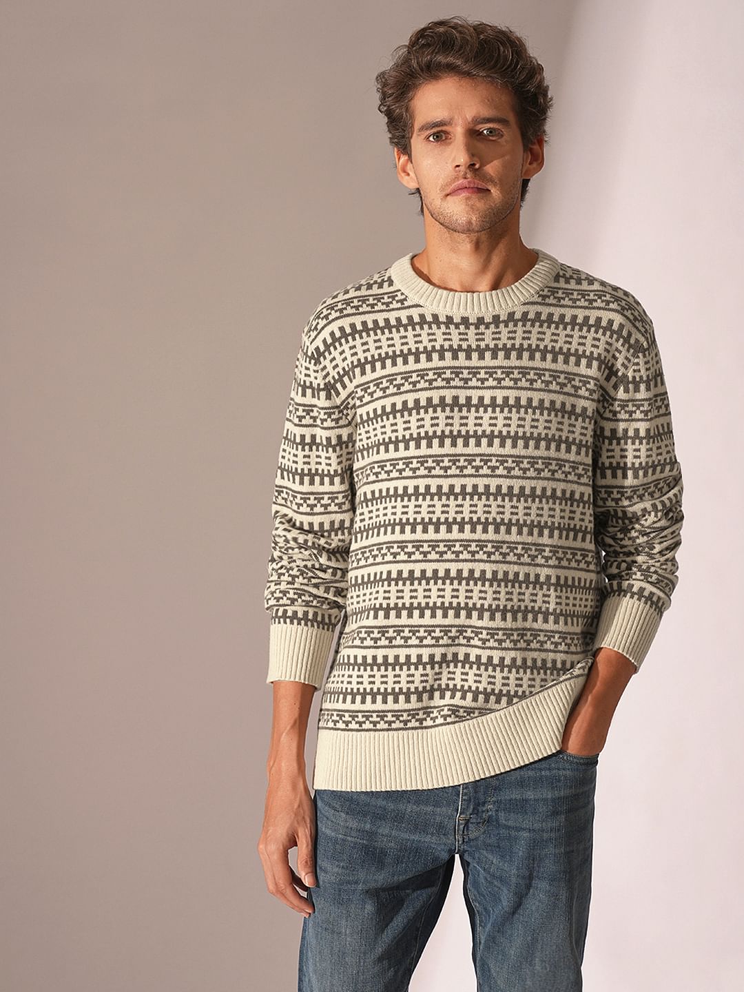 Beige Printed Knitted Pullover