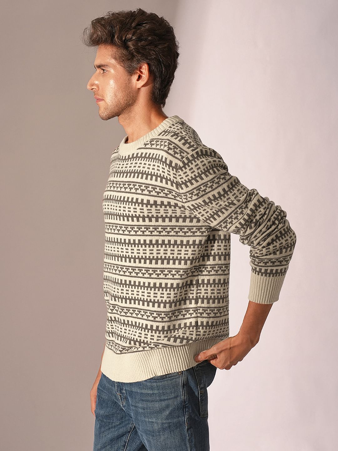 Beige Printed Knitted Pullover
