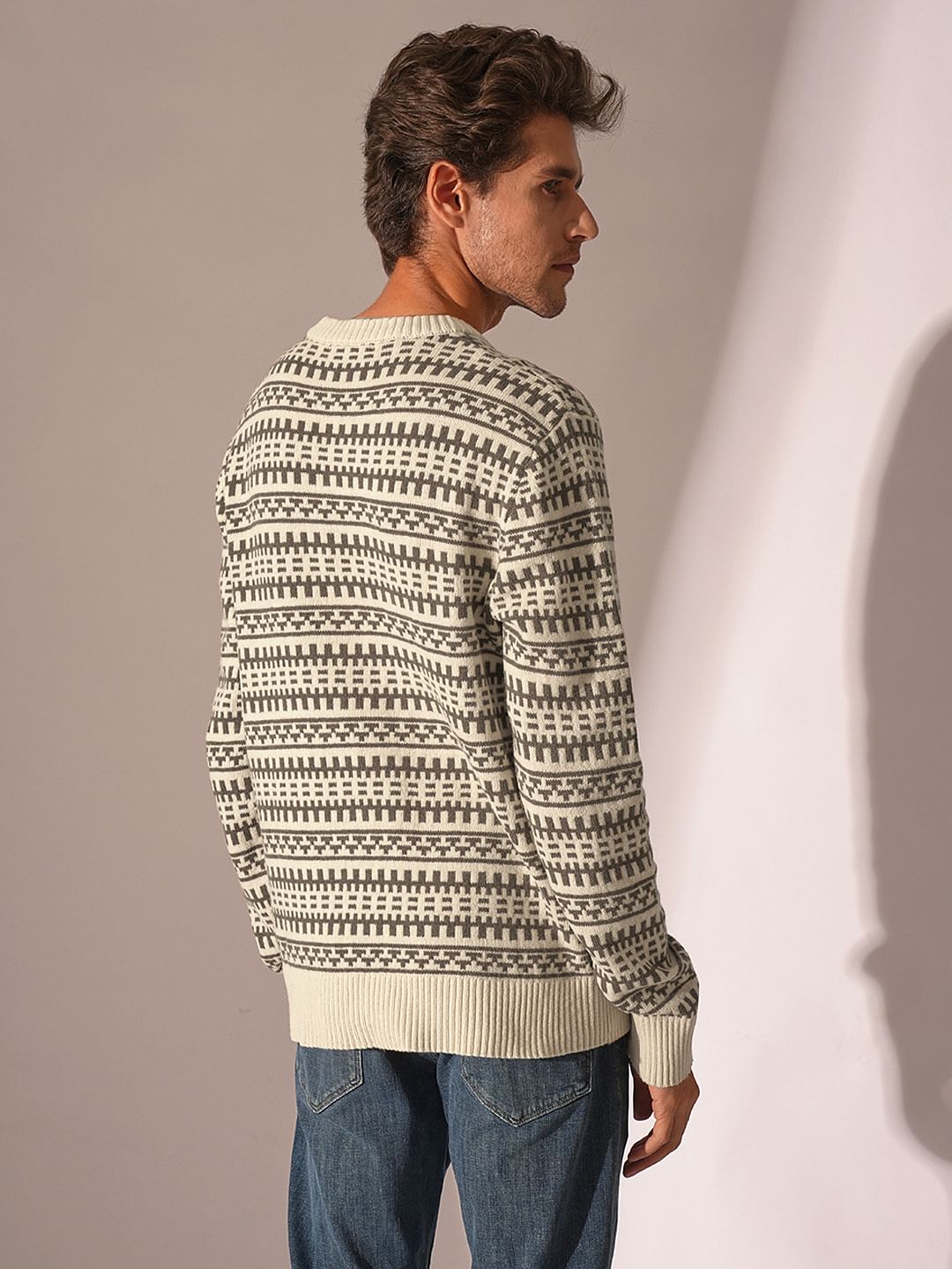 Beige Printed Knitted Pullover
