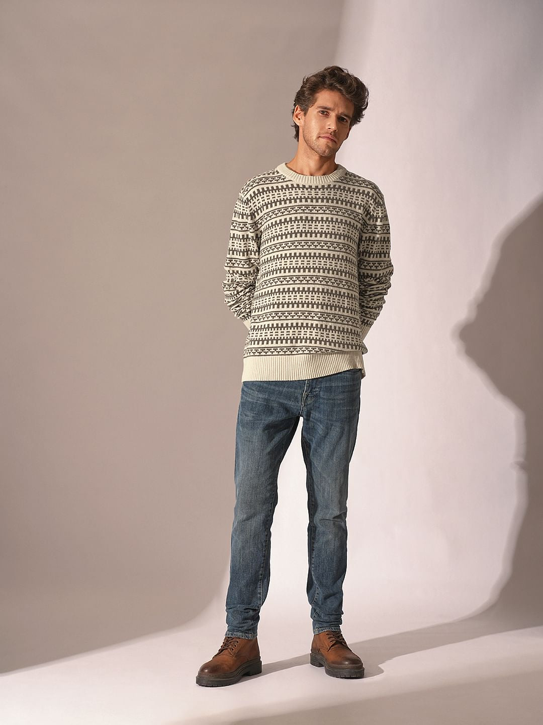 Beige Printed Knitted Pullover