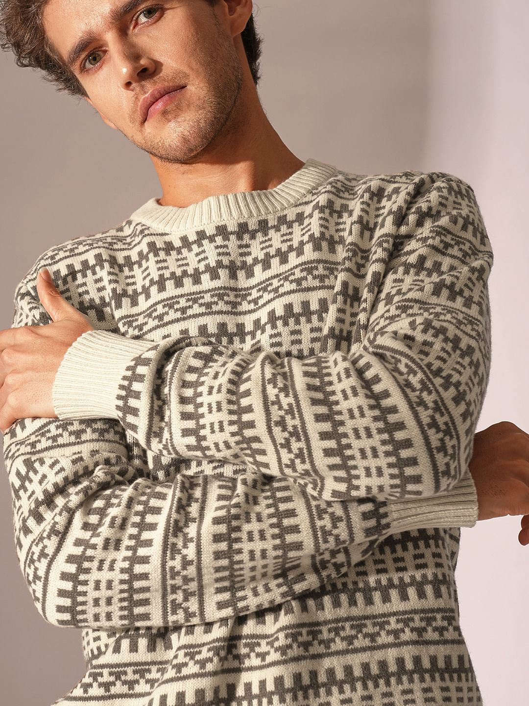 Beige Printed Knitted Pullover