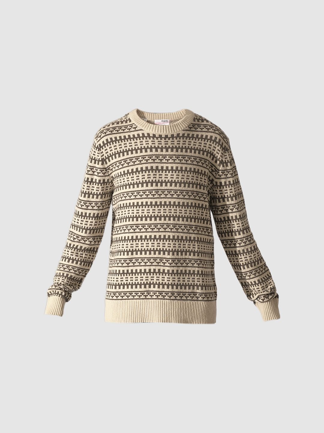 Beige Printed Knitted Pullover