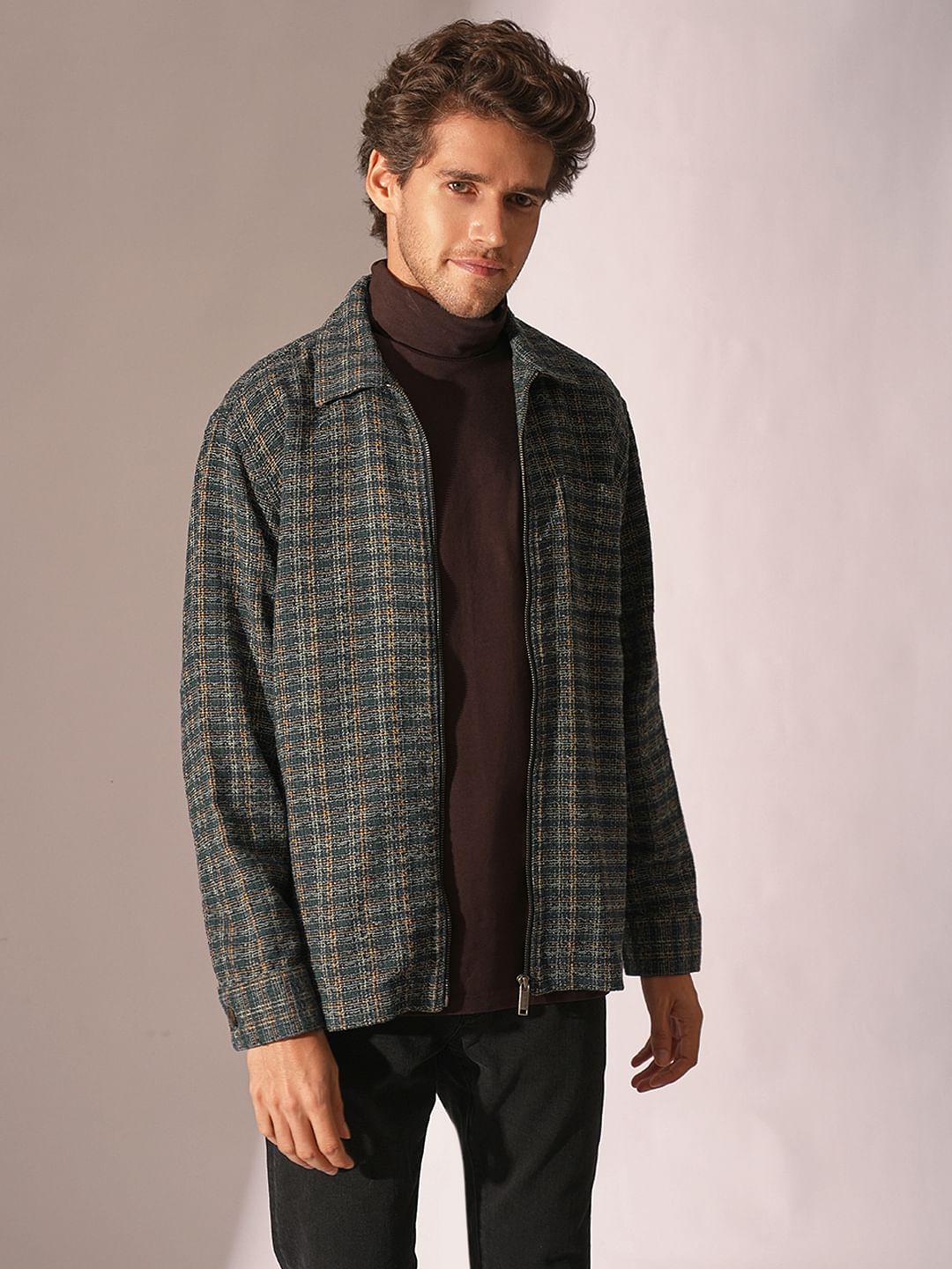 Blue Printed Zip-Up Overshirt