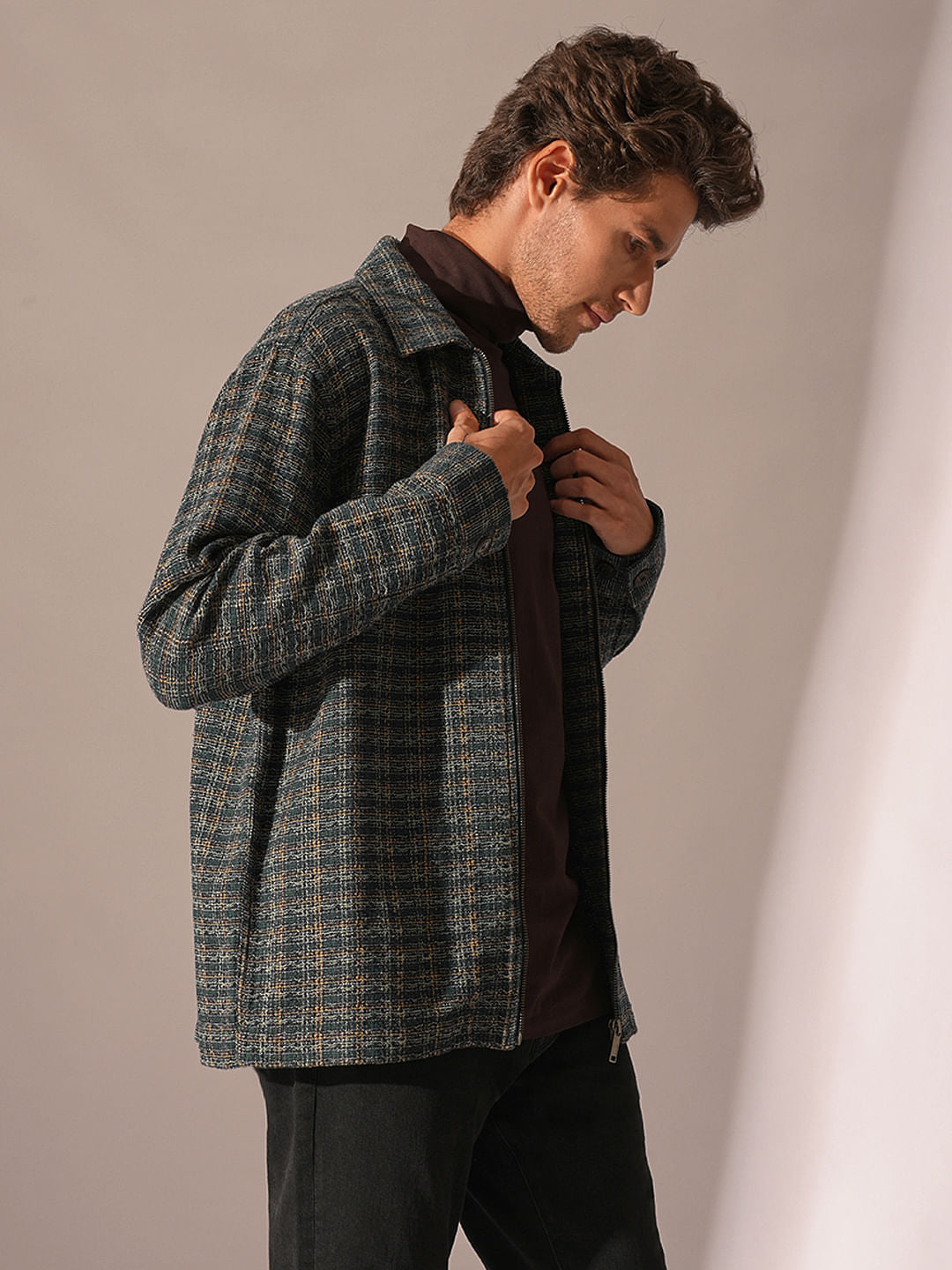 Blue Printed Zip-Up Overshirt