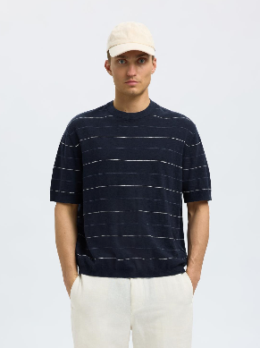 Dark Blue Striped Knitted T-Shirt