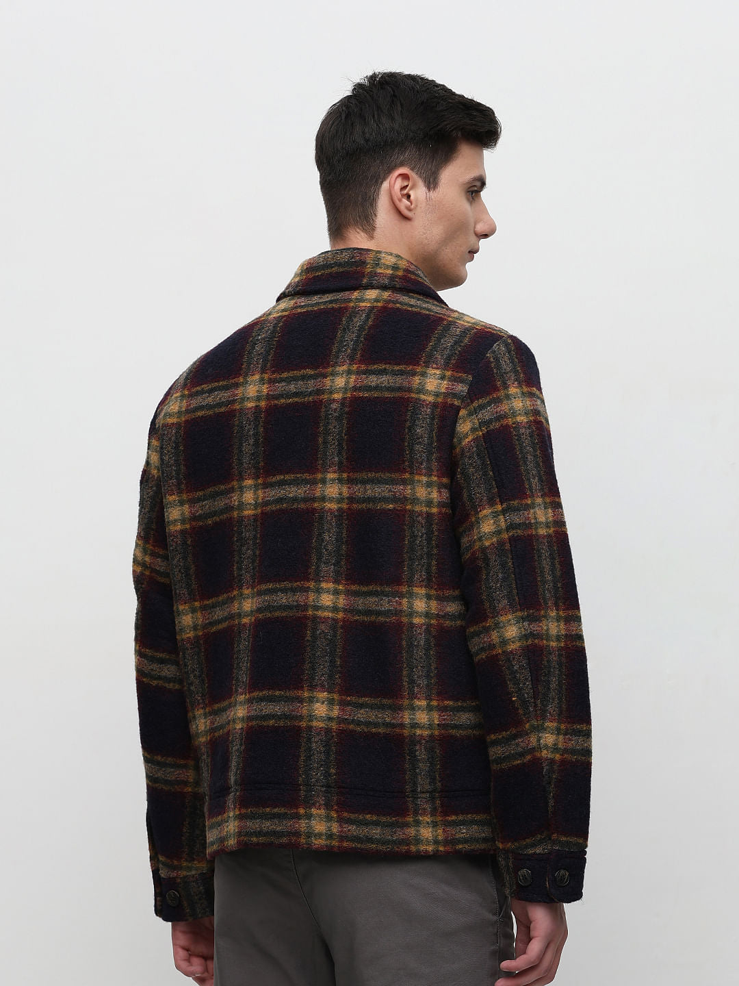 Navy Blue Check Woollen Jacket