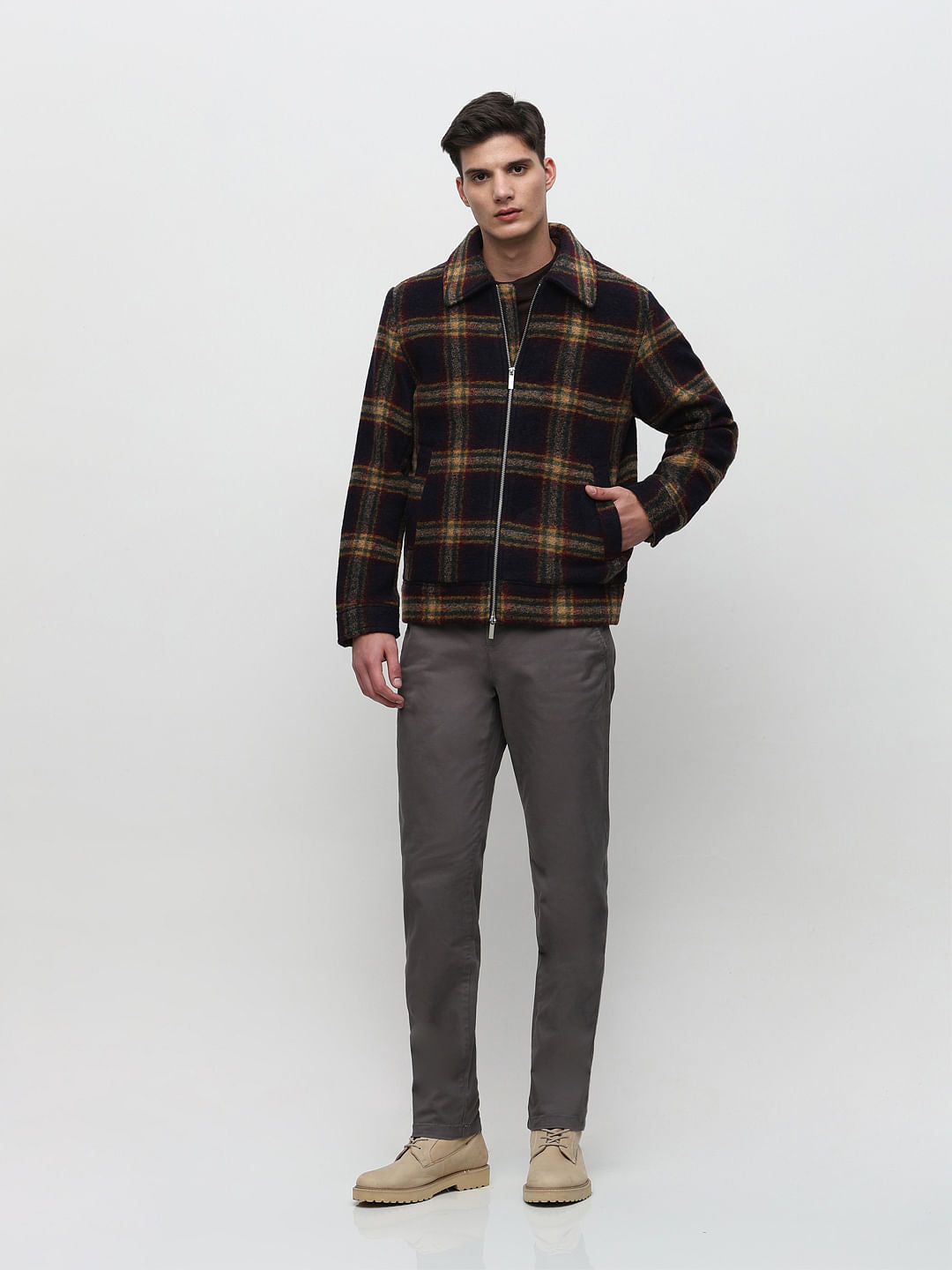 Navy Blue Check Woollen Jacket