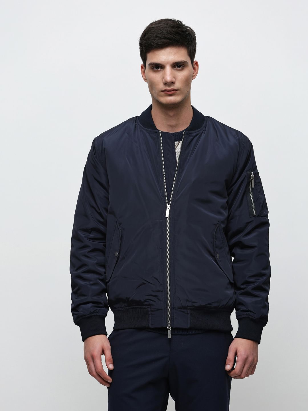 Dark Blue Zip-Up Bomber Jacket