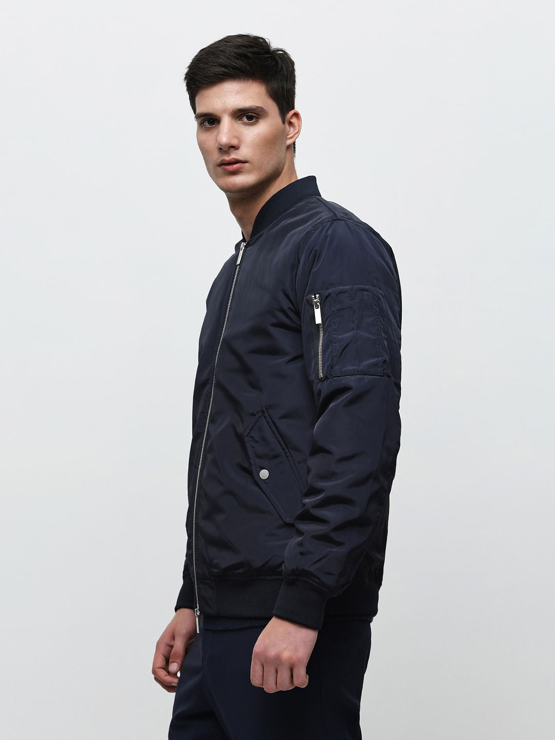 Dark Blue Zip-Up Bomber Jacket