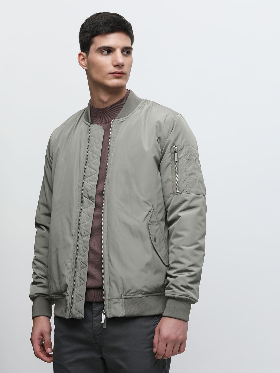 Grey Zip-Up Bomber Jacket