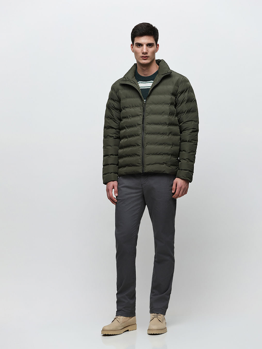 Green High Neck Quilted Jacket