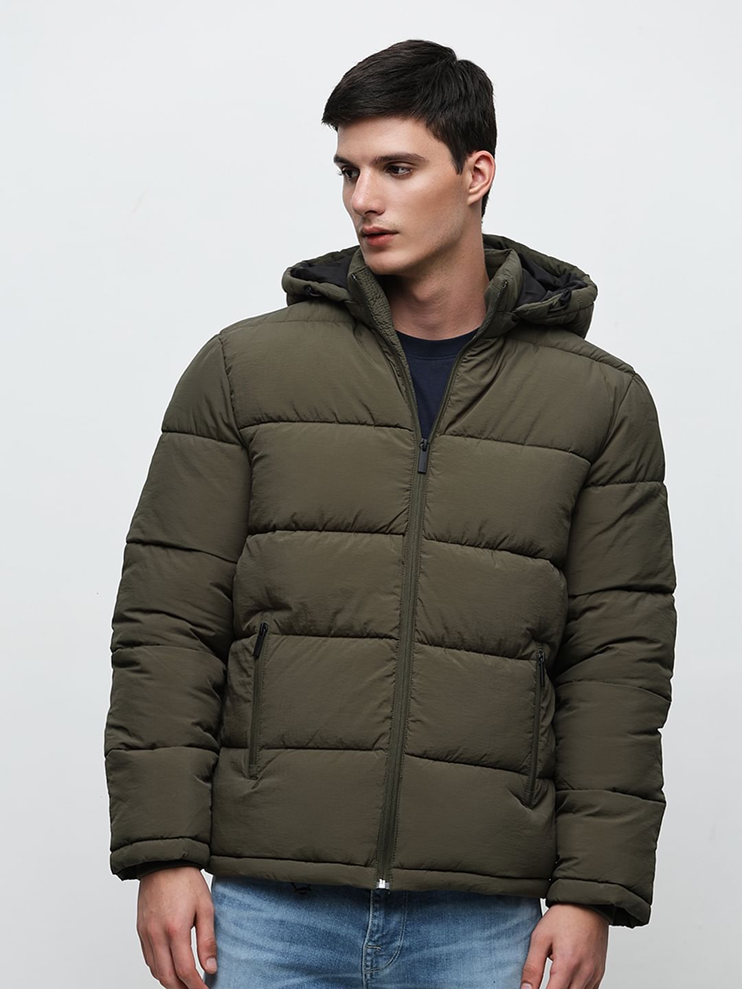 Green Hooded High-Neck Puffer Jacket