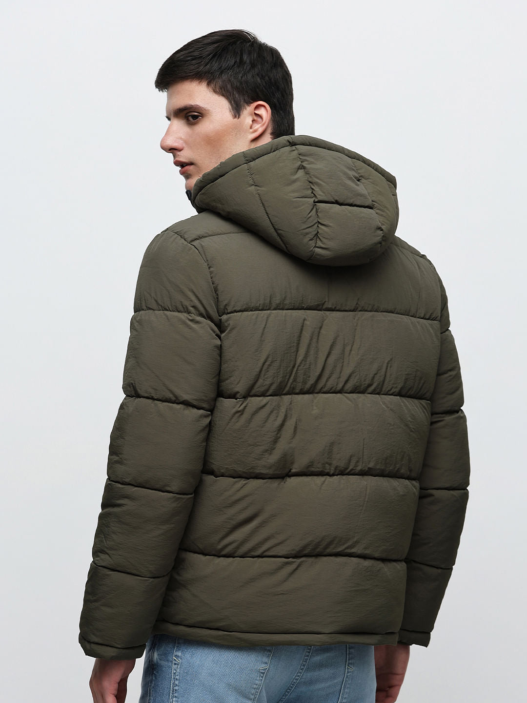 Green Hooded High-Neck Puffer Jacket