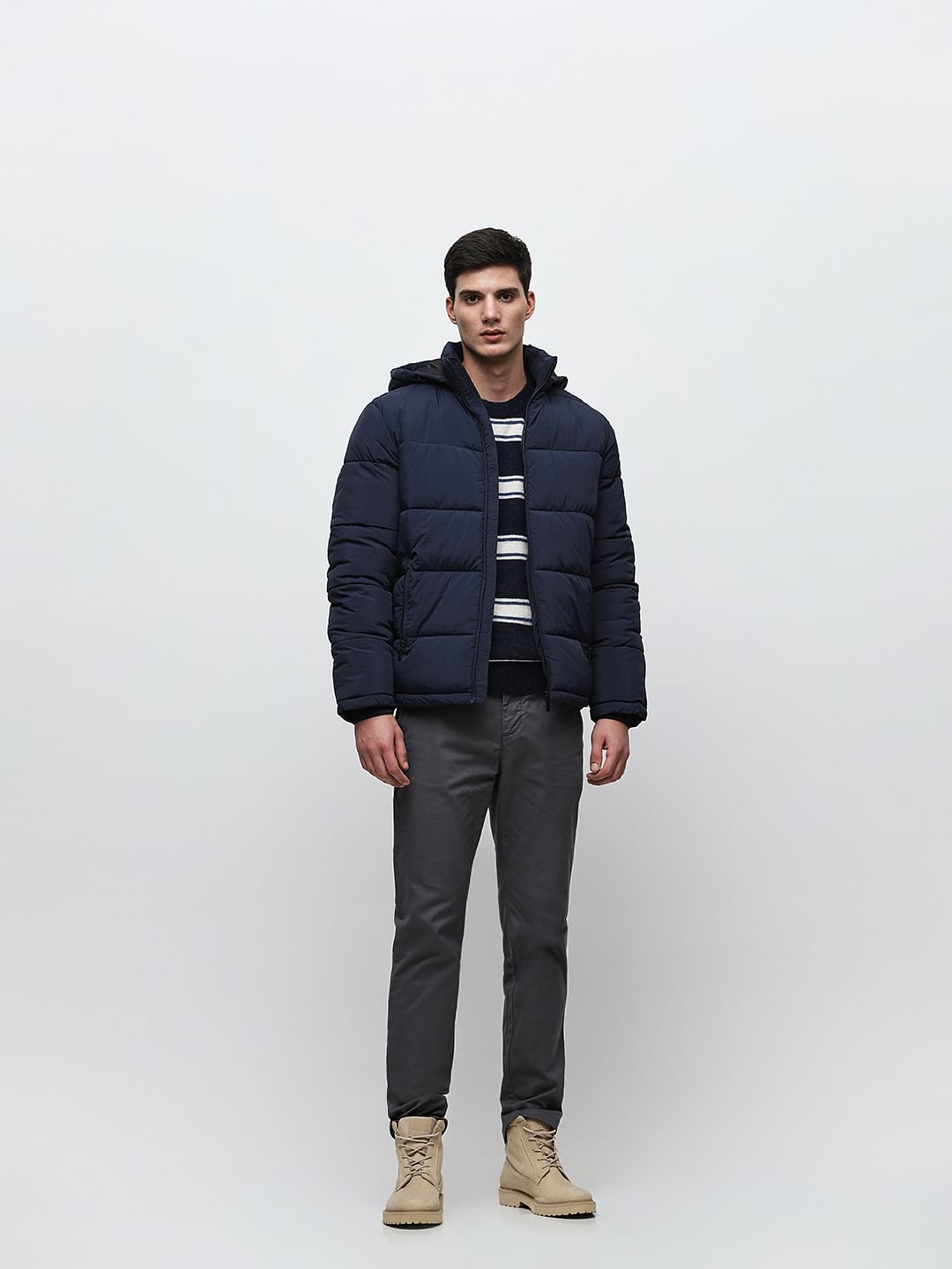 Blue Hooded High-Neck Puffer Jacket