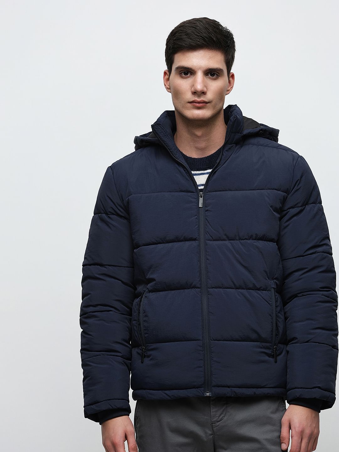 Blue Hooded High-Neck Puffer Jacket