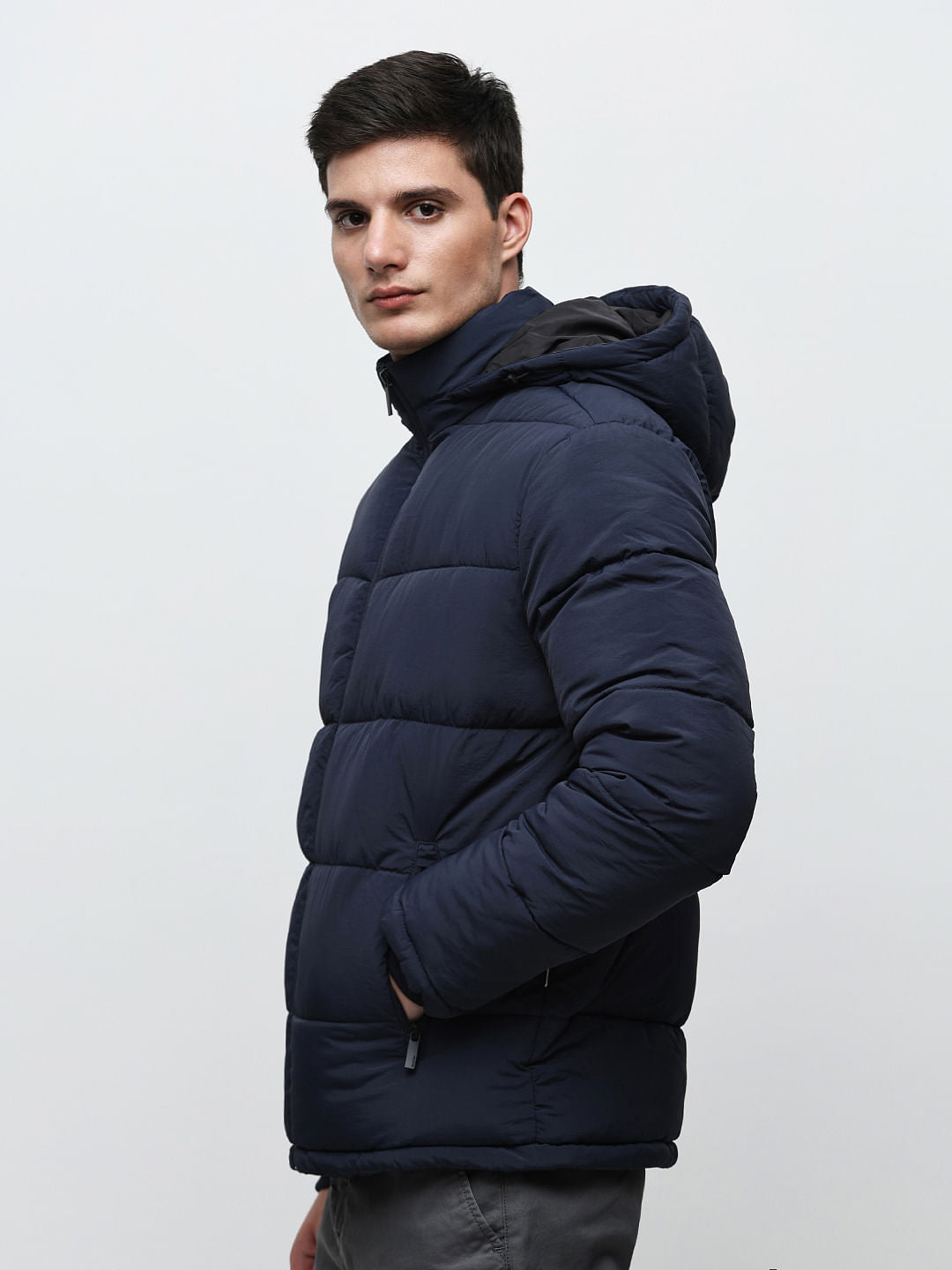 Blue Hooded High-Neck Puffer Jacket