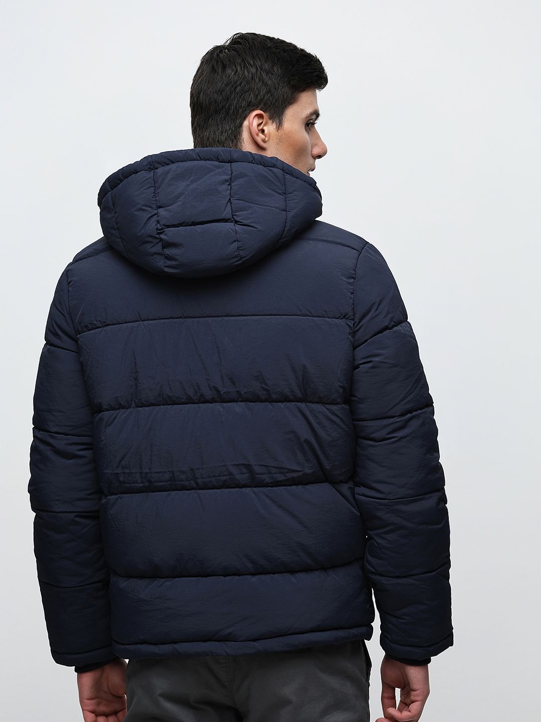 Blue Hooded High-Neck Puffer Jacket