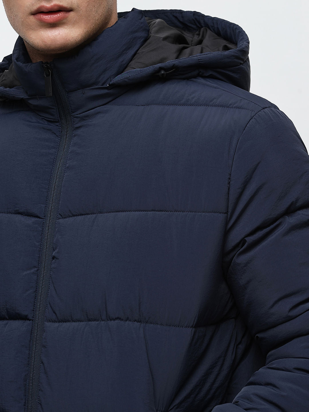 Blue Hooded High-Neck Puffer Jacket