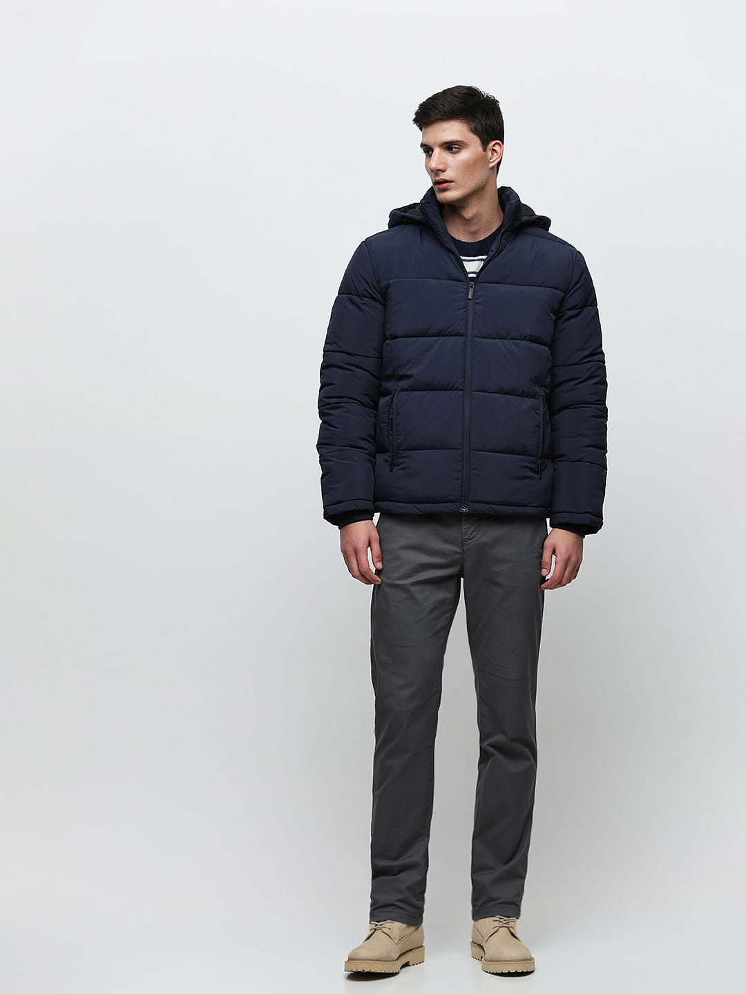 Blue Hooded High-Neck Puffer Jacket