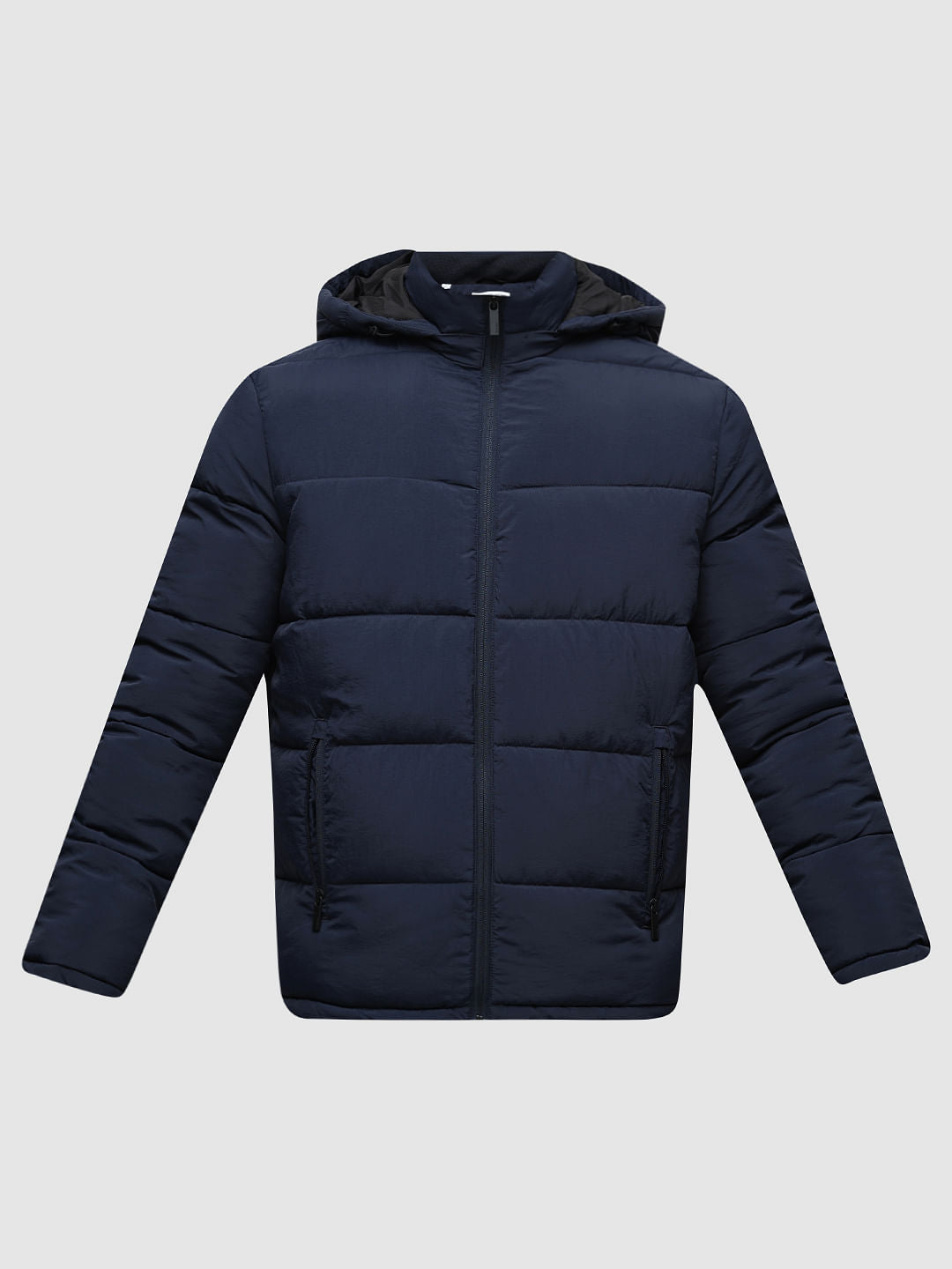 Blue Hooded High-Neck Puffer Jacket