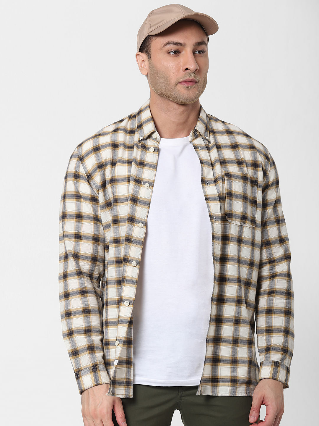 Beige Check Organic Cotton Full Sleeves Shirt