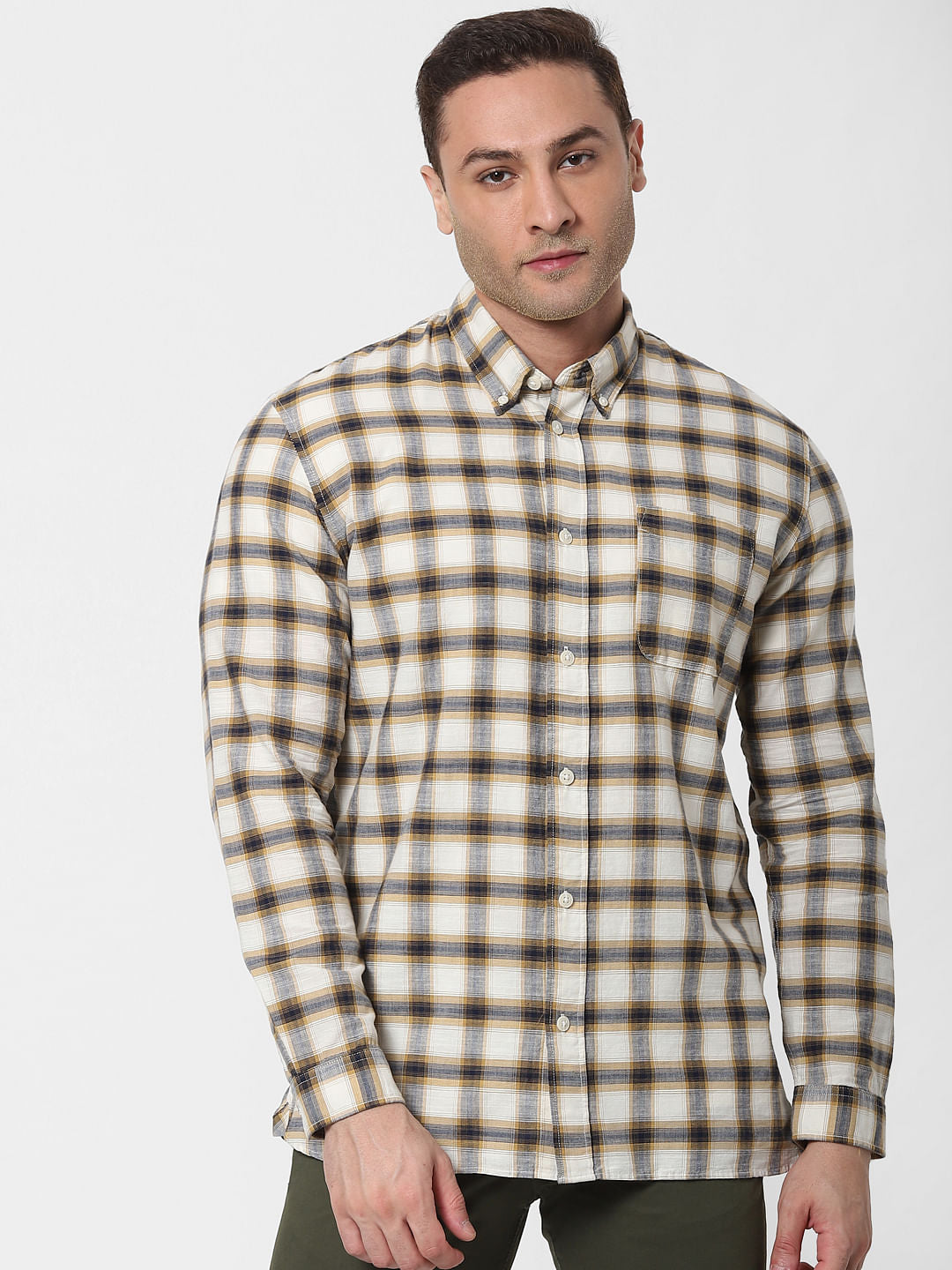 Beige Check Organic Cotton Full Sleeves Shirt