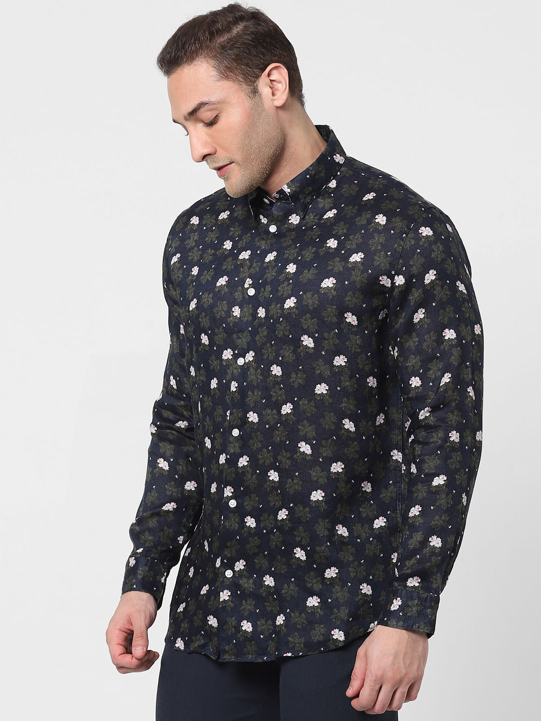 Black Floral Full Sleeves Linen Shirt