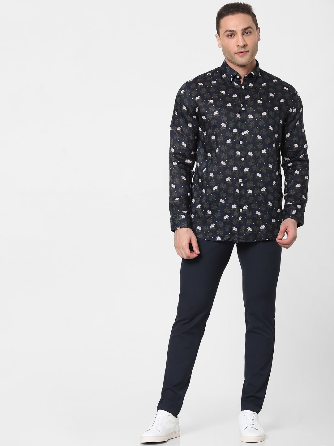 Black Floral Full Sleeves Linen Shirt