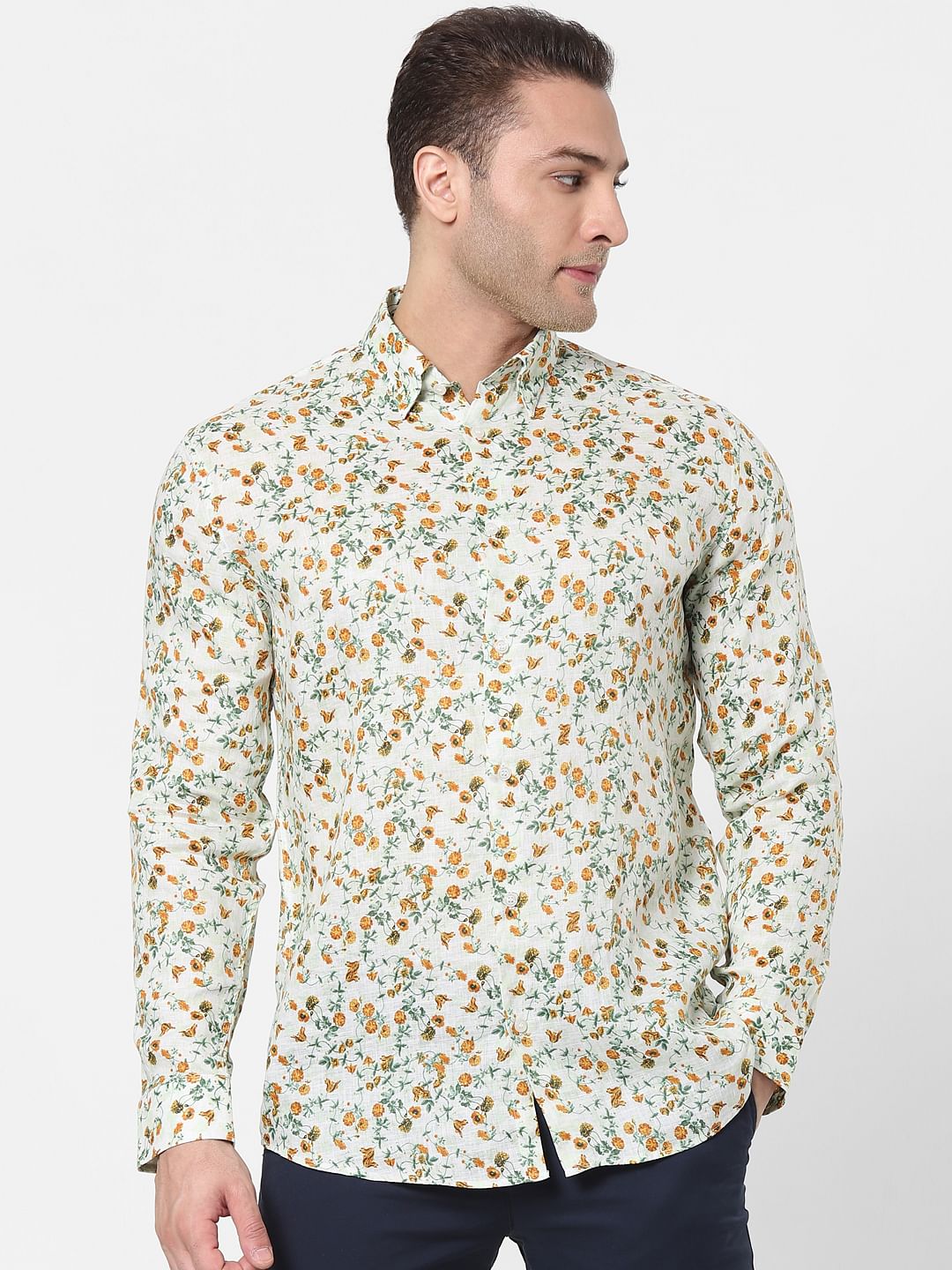 White Floral Full Sleeves Linen Shirt