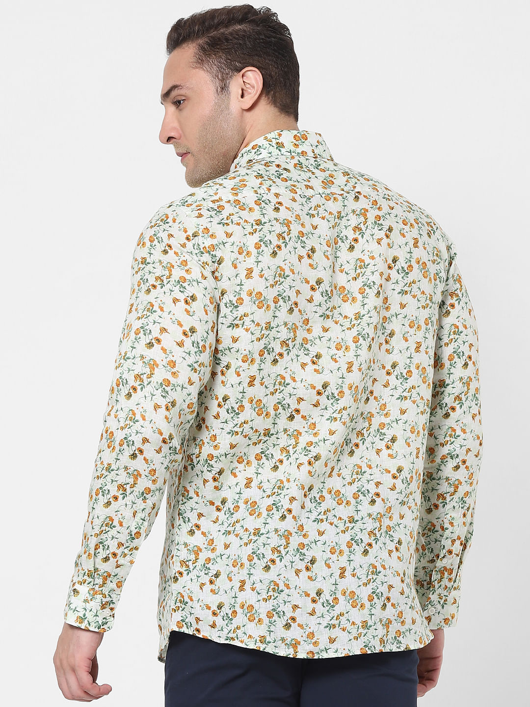 White Floral Full Sleeves Linen Shirt
