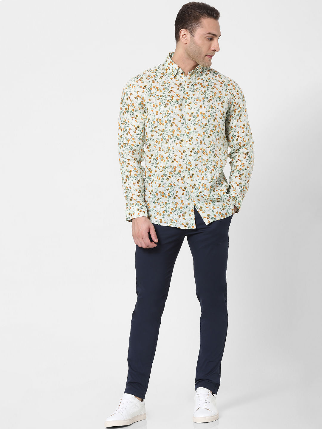 White Floral Full Sleeves Linen Shirt