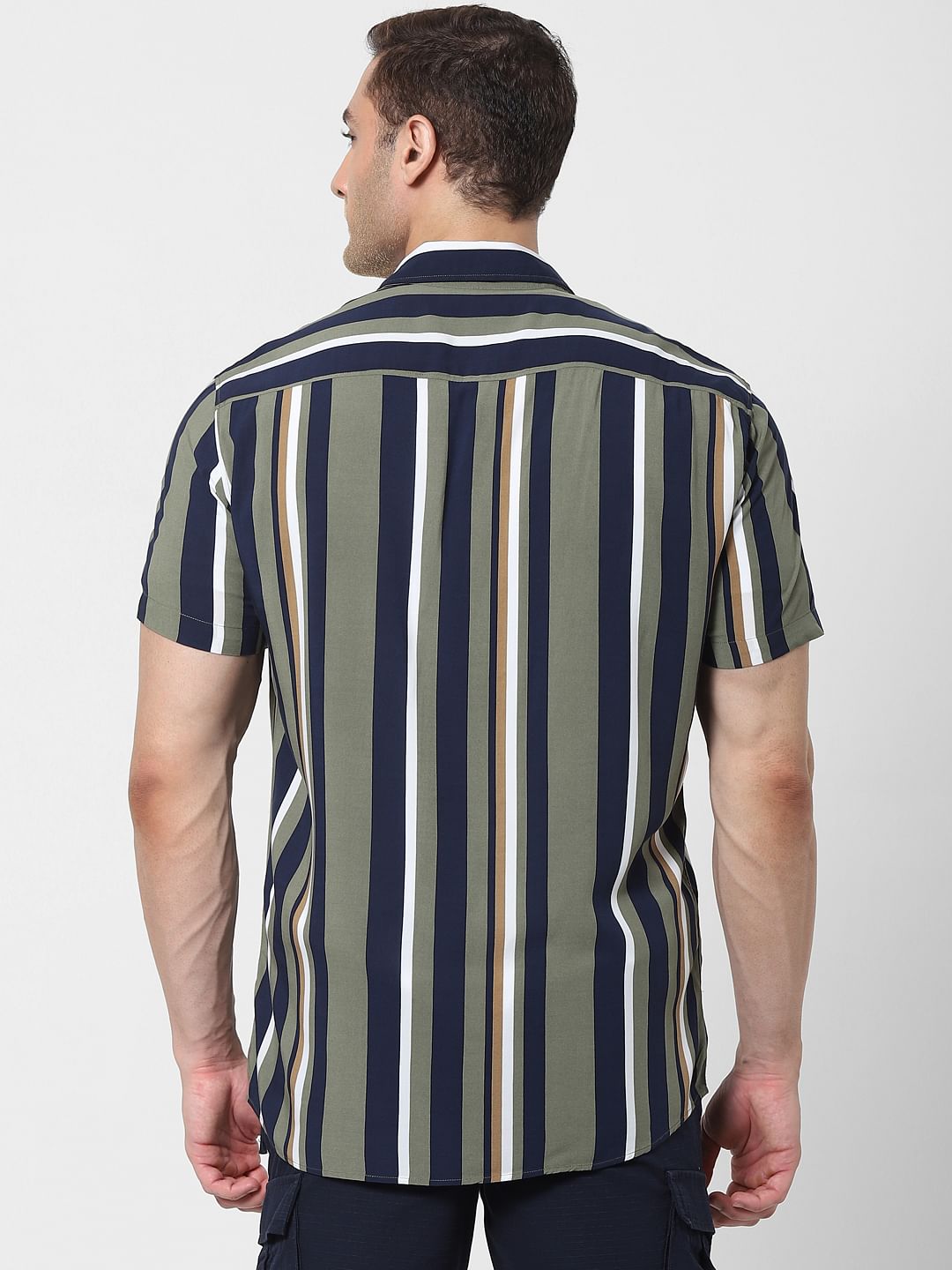 Green Striped Short Sleeves Shirt