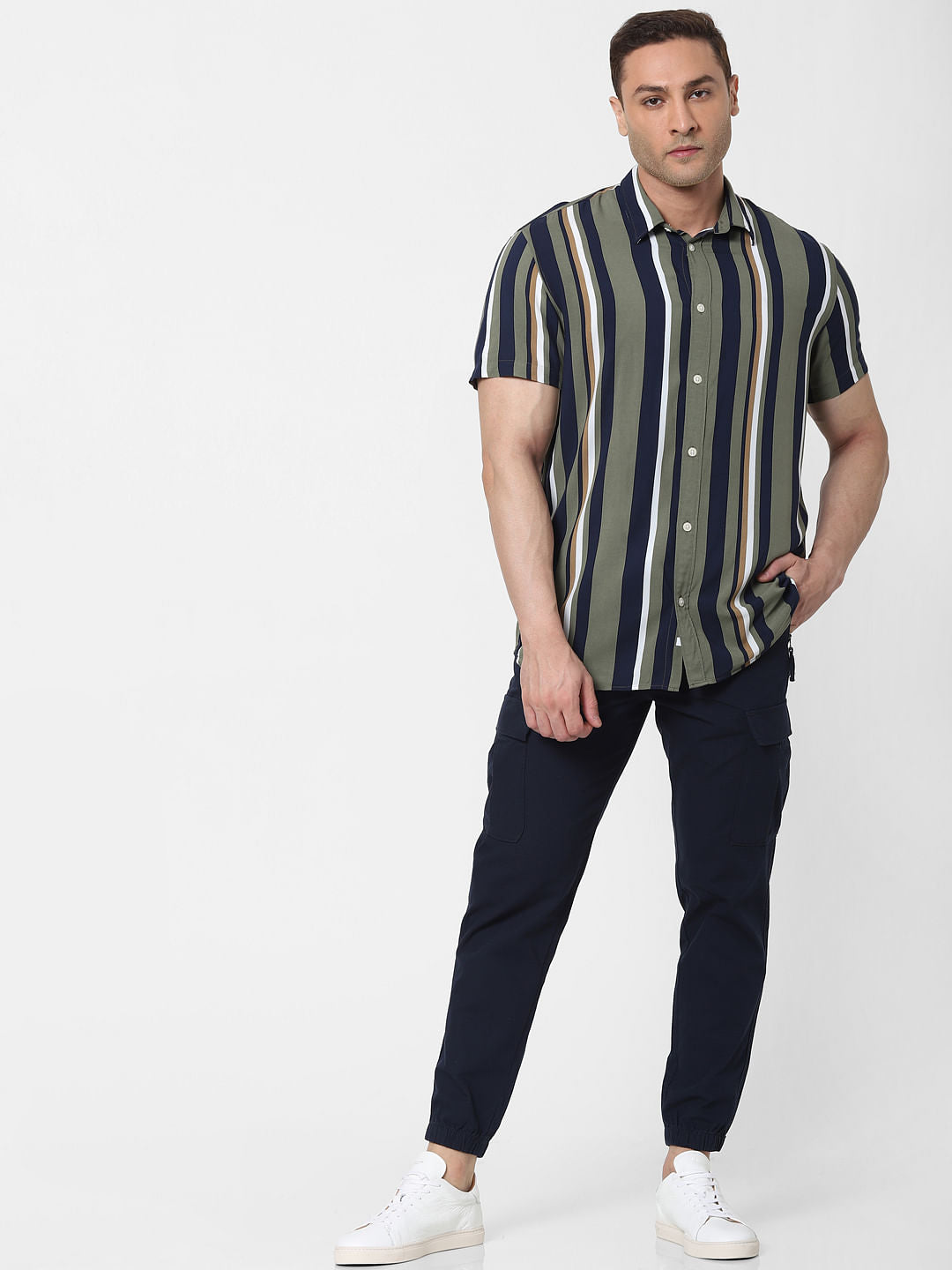 Green Striped Short Sleeves Shirt