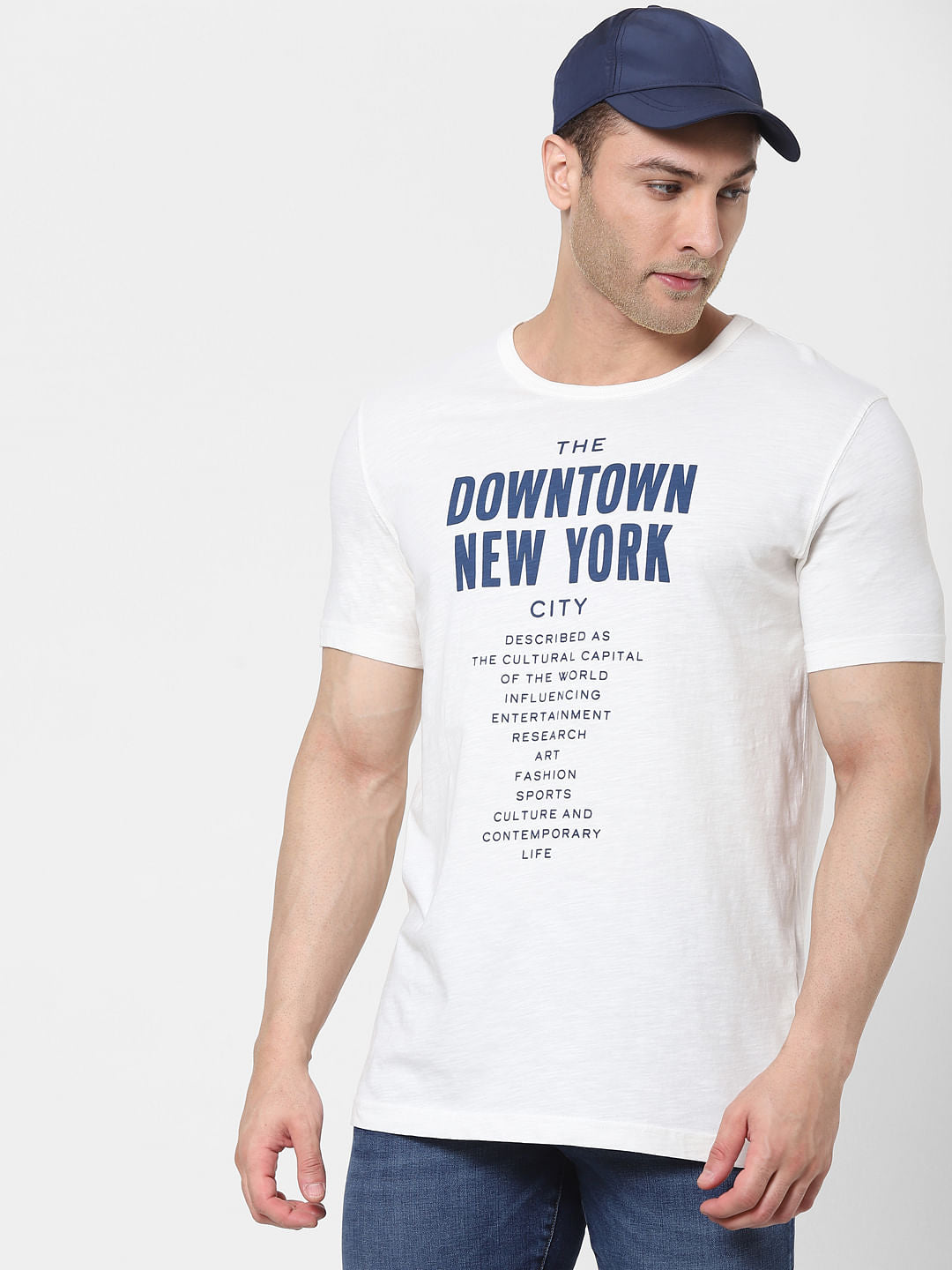 Cream Text Print Organic Cotton Crew Neck T-Shirt